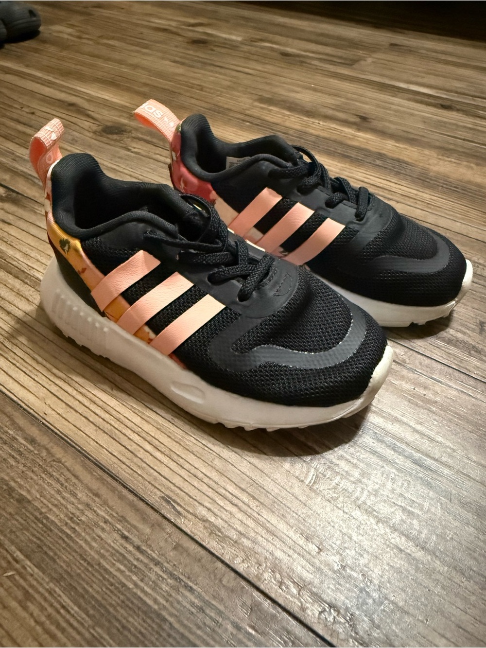 adidas Kids Black Sneakers with Pink Stripe Accents